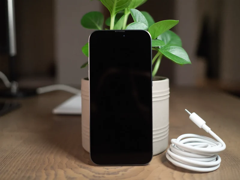 Chytrý telefon opřený o květináč vedle svinutého nabíjecího kabelu, ilustrace