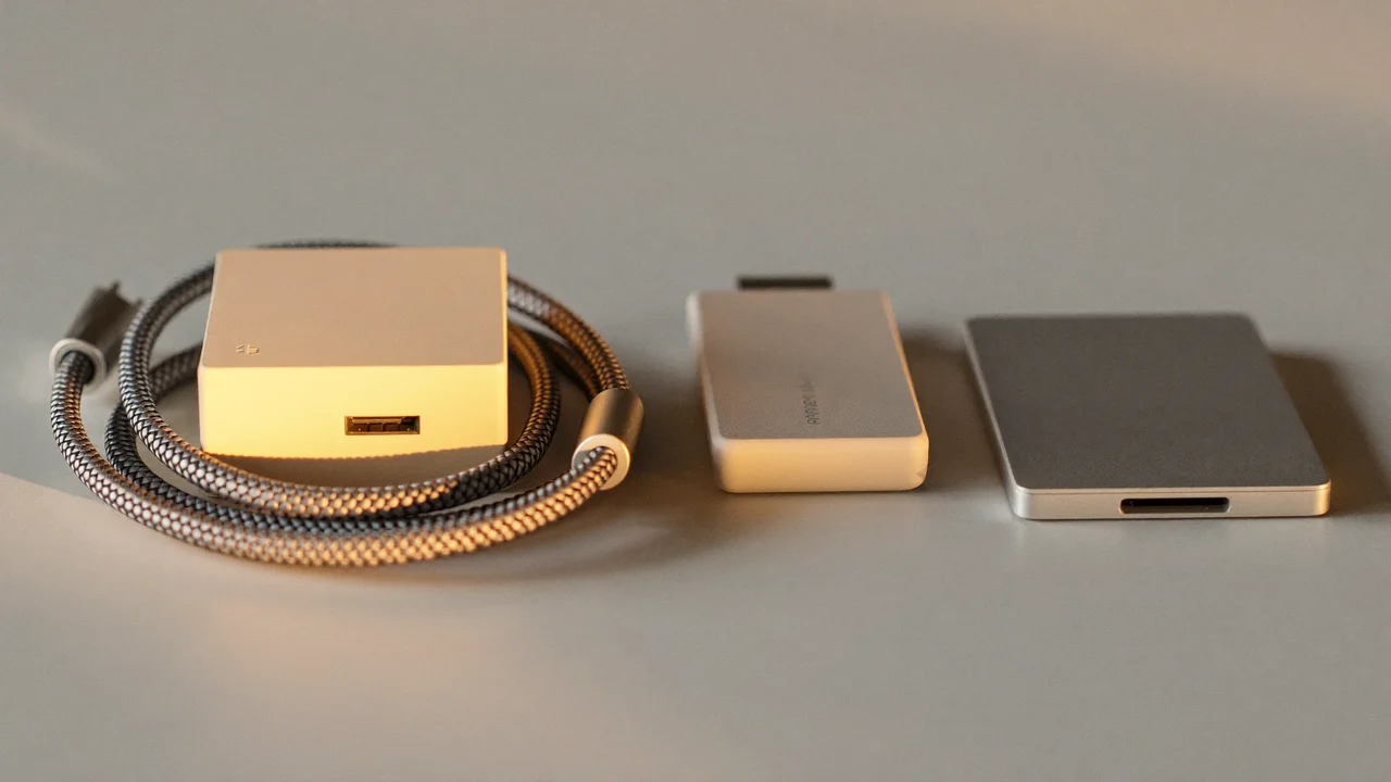 Pečlivě srovnané nabíjecí kabely, USB rozbočovač a disk SSD na světlém povrchu